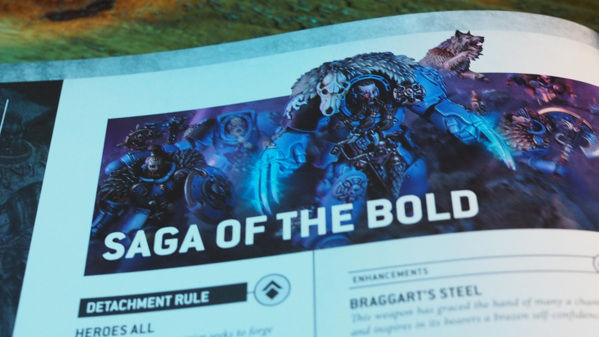Space Wolves Saga of the Bold entry on a wooden table