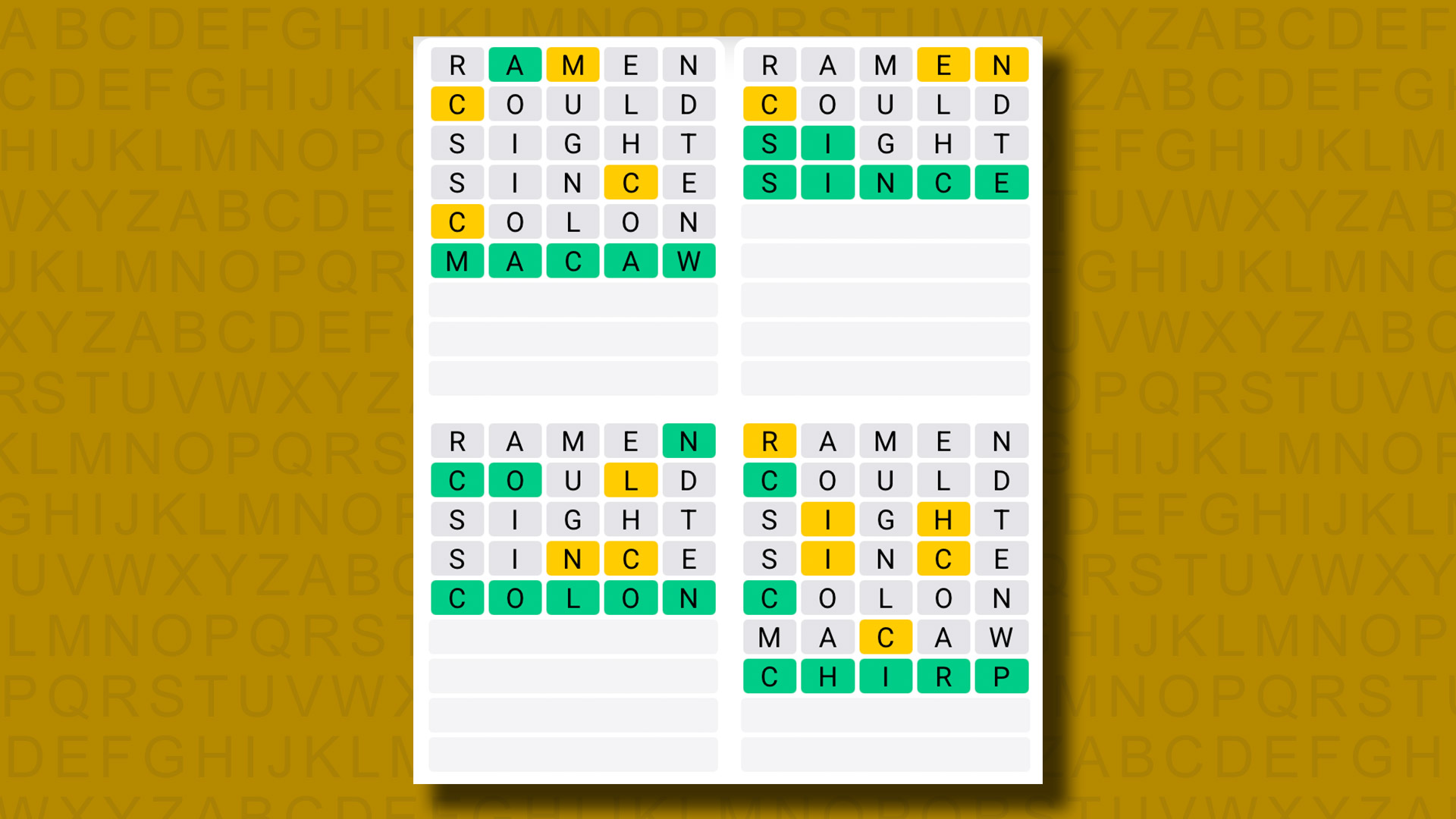 Quordle answers for game 1288 on a yellow background
