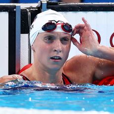 Katie Ledecky of Team United States reacts after competing in the Women’s 1500m Freestyle Heats on day four of the Olympic Games Paris 2024 at Paris La Defense Arena on July 30, 2024 in Nanterre, France. 