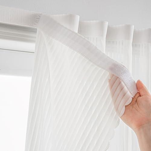 Sovtfides Self Adhesive White Gauze Sheer Curtains, Light-Filter Privacy Fabric, Foldable Hook-&amp;amp;-Loop Curtain No Drilling (44" W X 41" L,white,2 Panels)