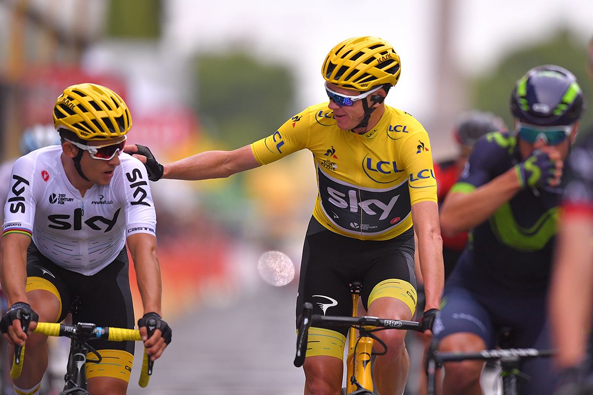 Chris Froome with loyal teammate Michal Kwiatkowksi arriving at the last finish line of the 2017 Tour de France