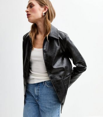 Black Button Up Faux Leather Jacket