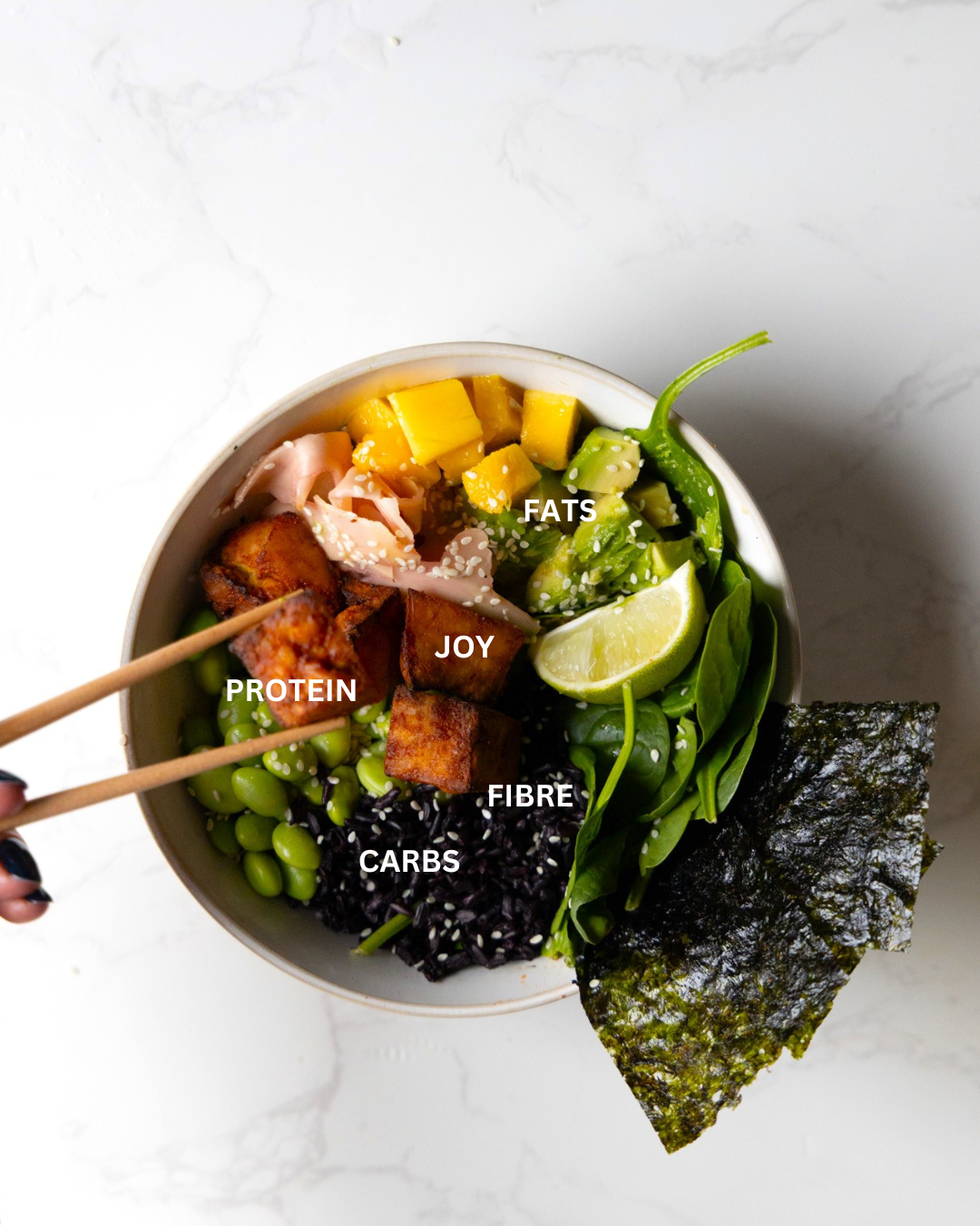 A bowl of tofu, greens and beans on a white surface