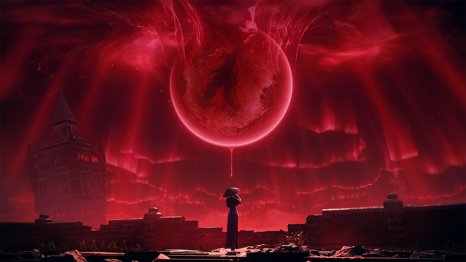A promotional screenshot of The Duskbloods. A wide shot of a character standing under a red moon suspended in a red sky.
