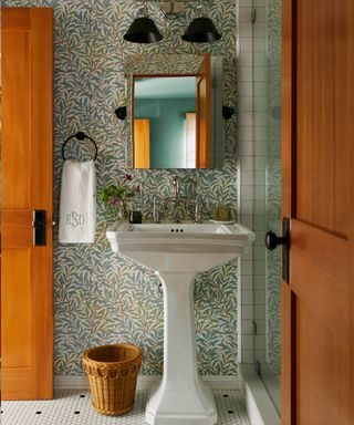 Vintage bathroom with Morris & Co wallpaper