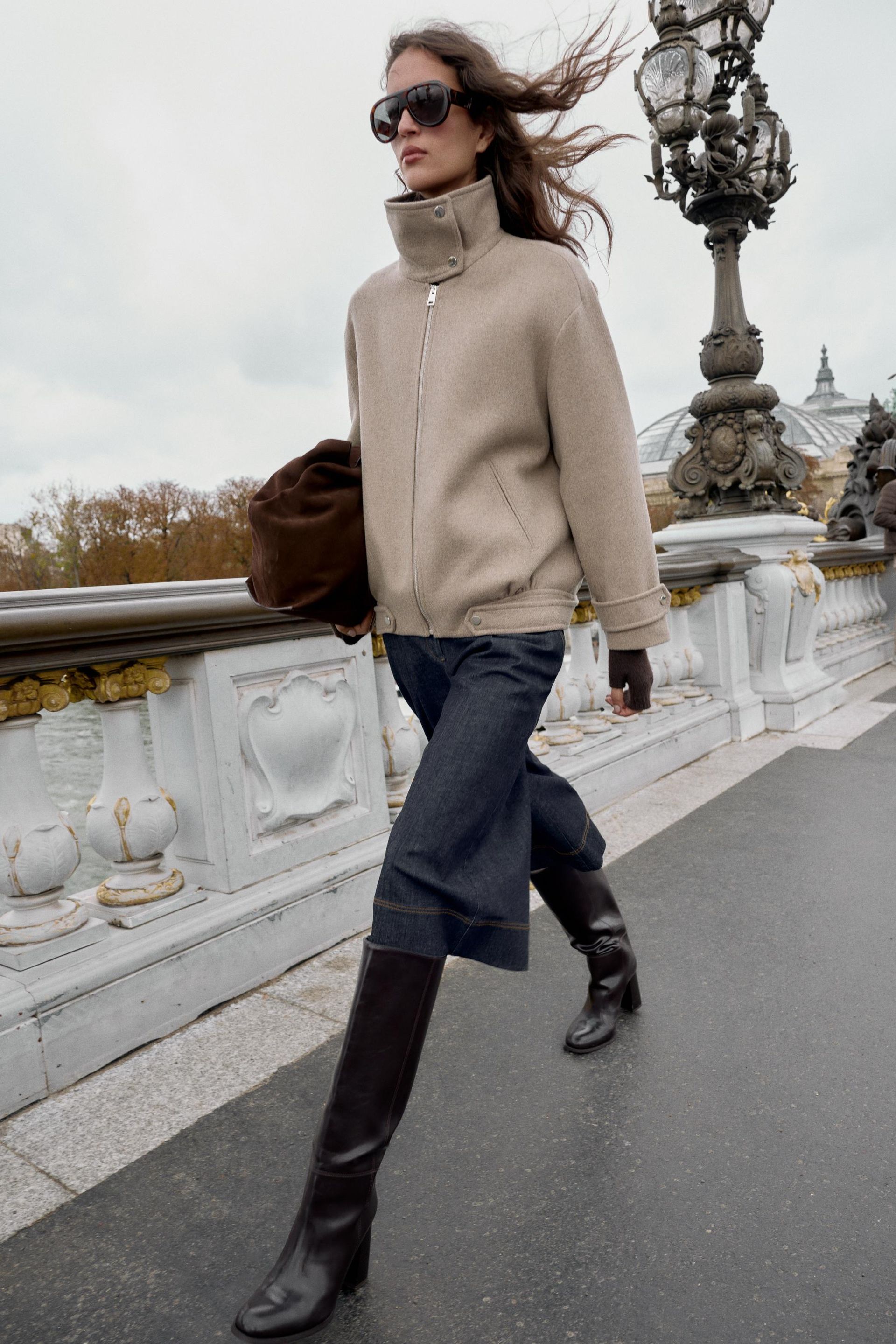 Wool Blend Bomber Jacket With High Neck
