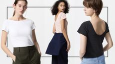 three models wearing the uniqlo airism tshirt in white, pink and black