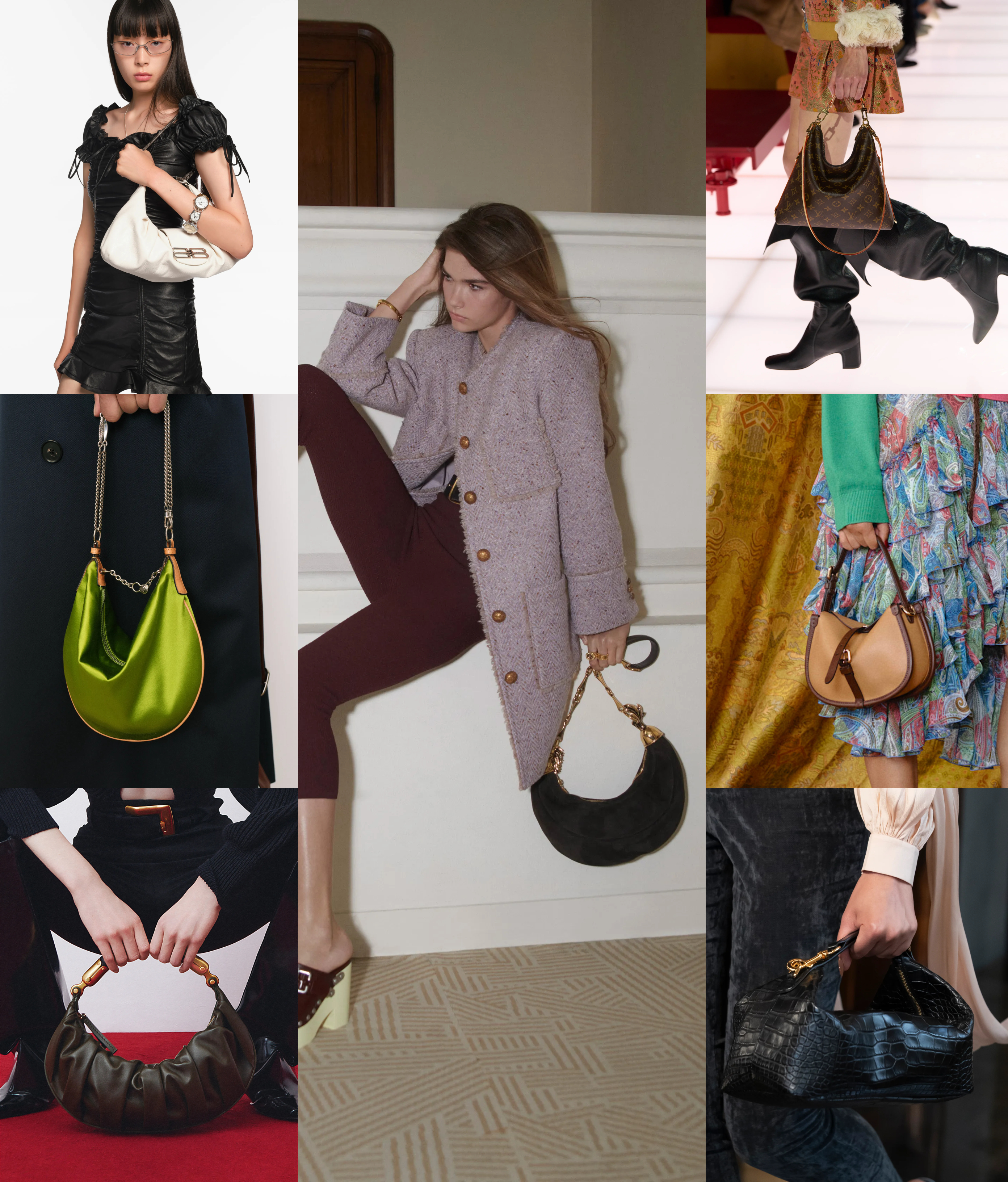 winter 2026 bag trend crescent shape at Balenciaga, Tory Burch, Balmain, Chlo&amp;eacute;, Louis Vuitton, Etro, Gucci Resort 2026