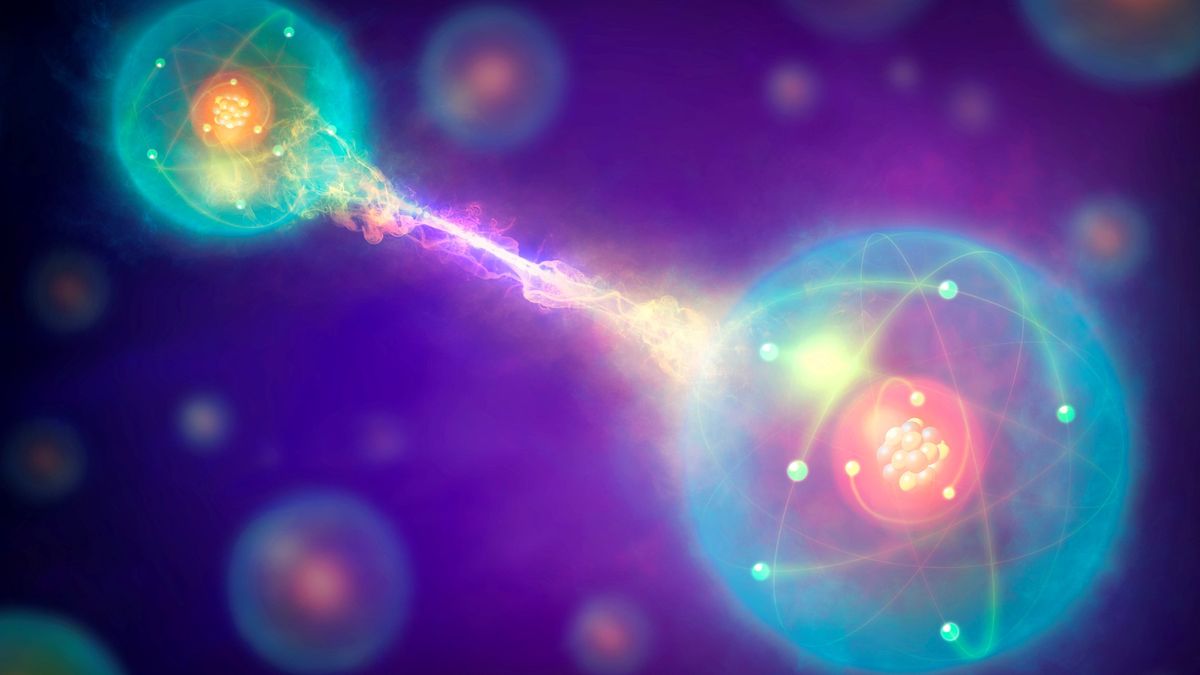 Graphic illustrating quantum entanglement when two particles are linking together. 