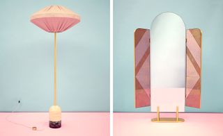 Left, a standing lamp and Right, Celestino’s standing mirror