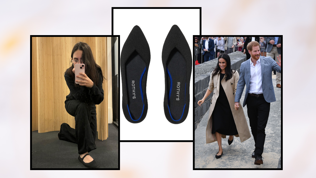 Fashion E-Commerce Editor Julia Marzovilla wears the Rothy&#039;s Mary Janes, and Meghan Markle styles The Pointe Flat 