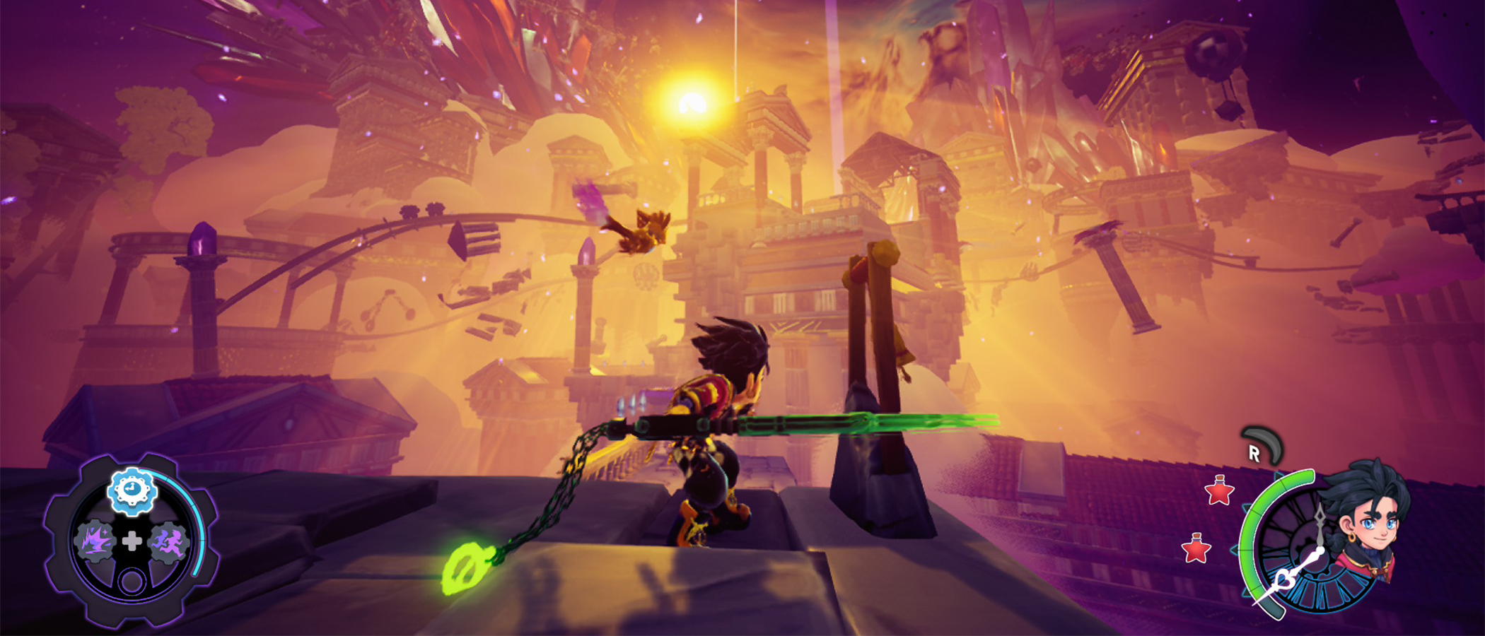 A person stands in front of a colourful world in the game Duskfade