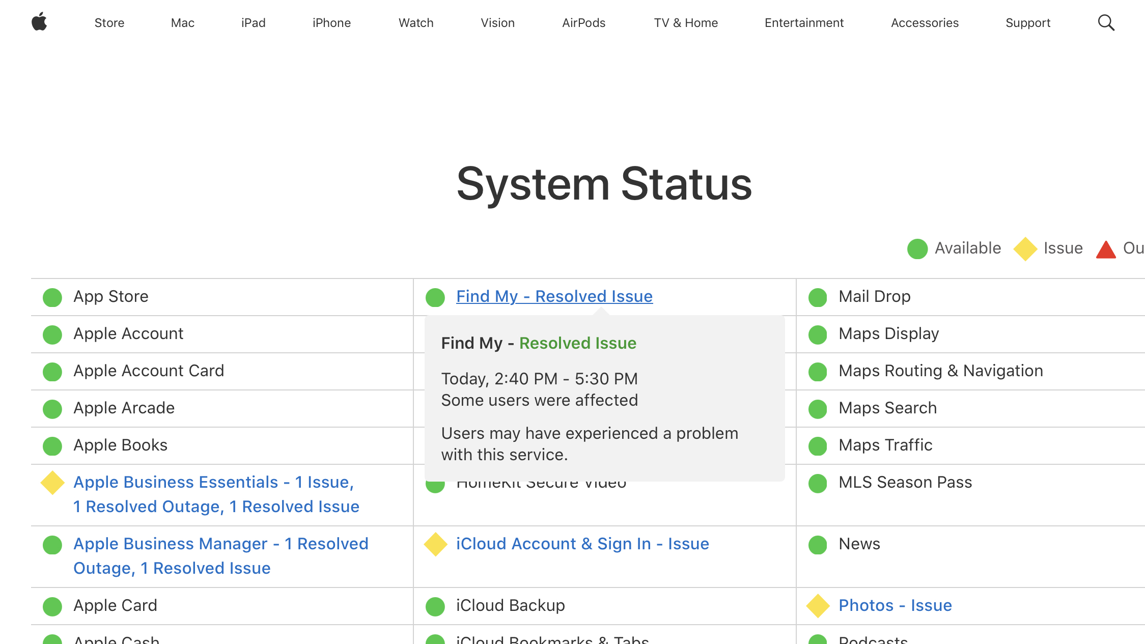 Apple System Status Page – Find My resolved