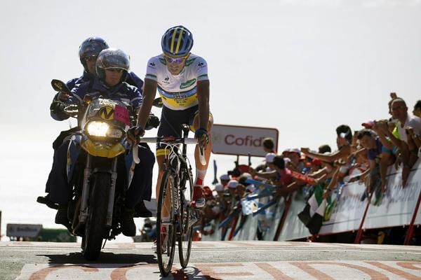 Alberto Contador (Saxo Bank) crosses the finish line in second place, eight seconds behind stage winner Joaquim Rodriguez.