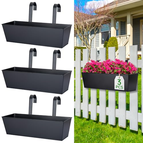 Ogima 41cm Railing Planter Box, 3 Pack Large Hanging Planters for Outdoor Plants With Detachable Wide Hooks for 7cm Railings - Balcony Planters Railing Hanging for Deck, Fence &amp;amp; Patio Decor