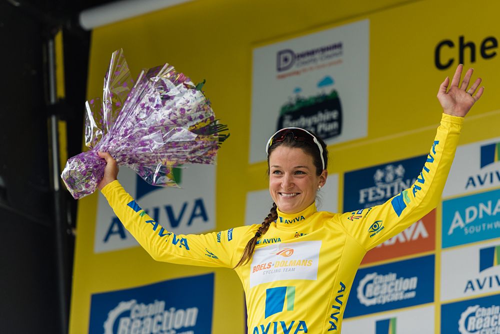 The new race leader, Lizzie Armitstead at Aviva Women's Tour 2016 - Stage 3