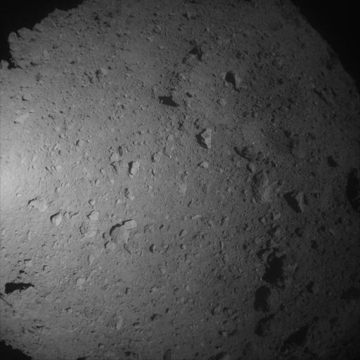 The asteroid Ryugu, as seen by Japan&#039;s Hayabusa2 spacecraft during its sample-grabbing descent on July 10, 2019.