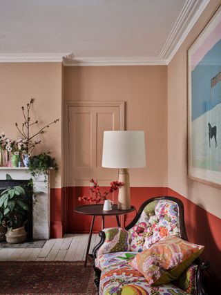 red and pink two tone living room in Farrow & Ball Templeton Pink and Bamboozle