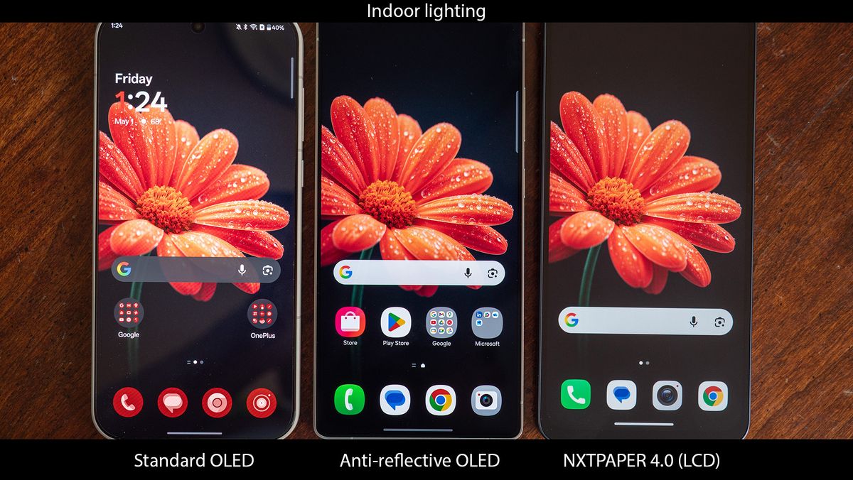 Comparing NXTPAPER 4.0 on the TCL NXTPAPER 70 Pro with anti-reflective OLED on the Samsung Galaxy S25 Ultra, as well as standard OLED on a OnePlus 15