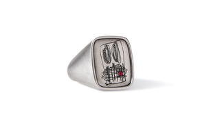 Titanium engraved signet ring with ruby