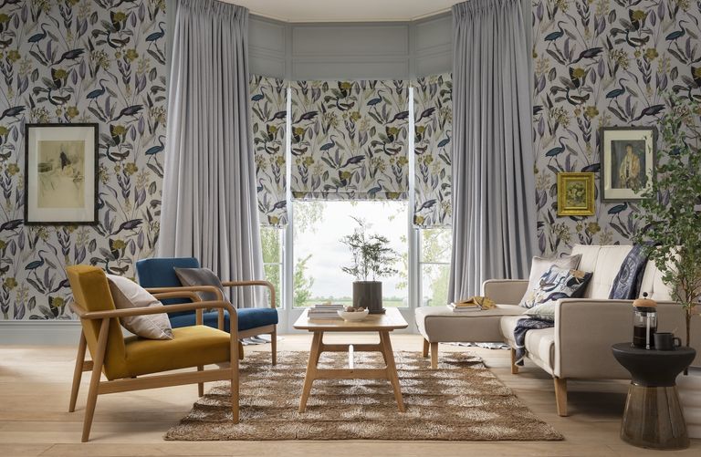 matching blind and wallpaper in modern country living room