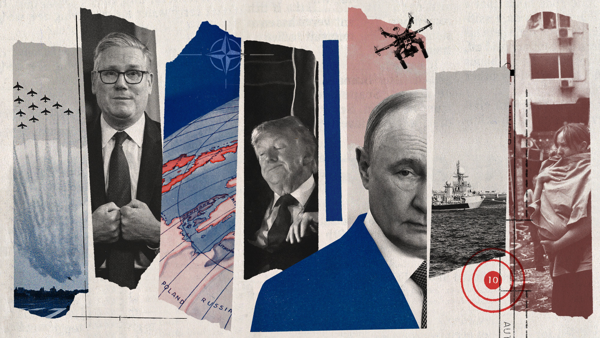 Photo collage of British planes, Keir Starmer, an illustration of the Earth showing Poland and Russia, Donald Trump, Vladimir Putin, a drone, a Russian warship, and a Ukrainian woman and child.