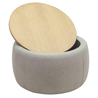 Grey fabric and wooden top storage ottoman