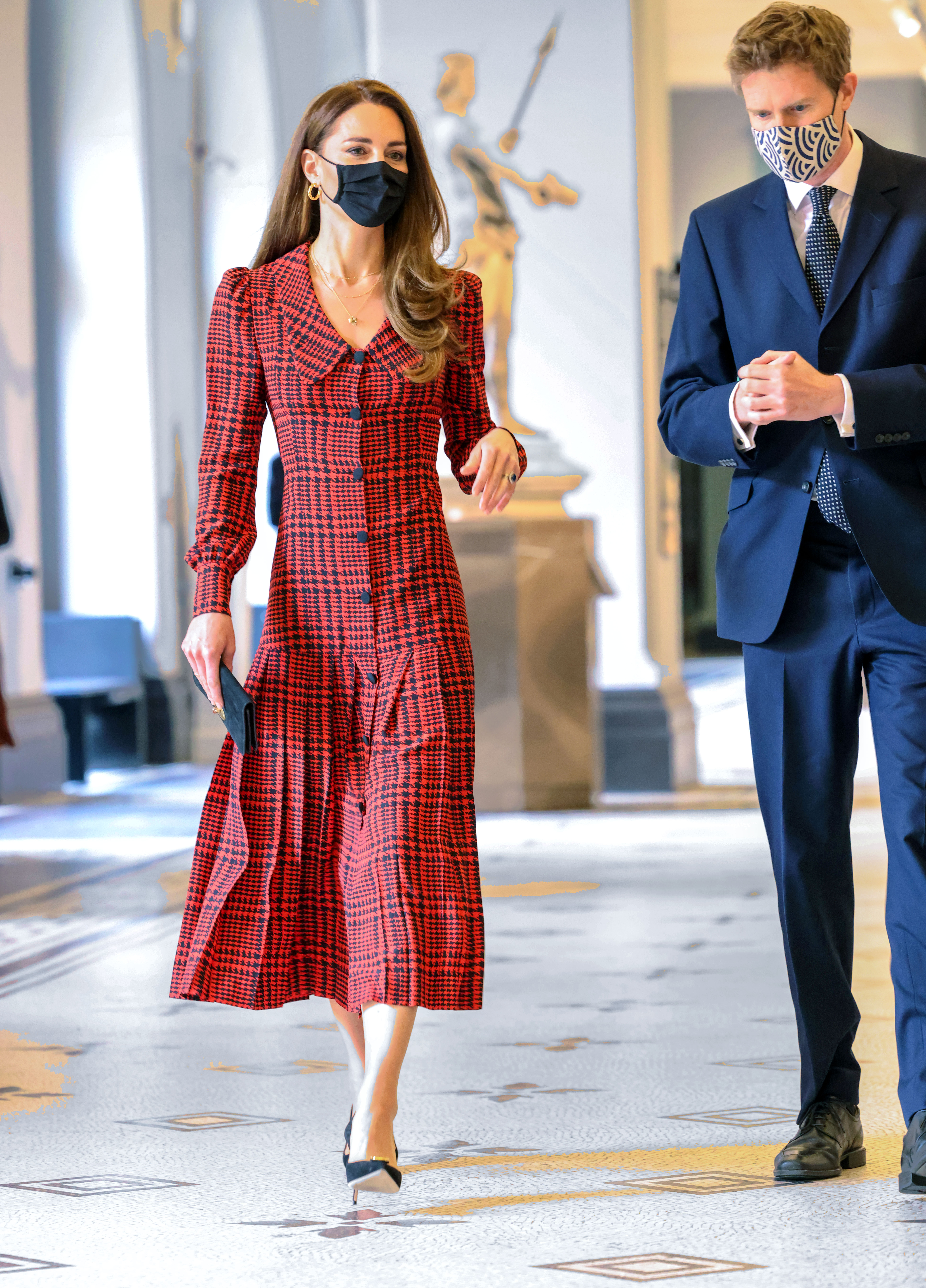 Kate Middleton wears an Alessandra Rich dress to visit the V&amp;amp;A Museum on May 19, 2021 in London, England