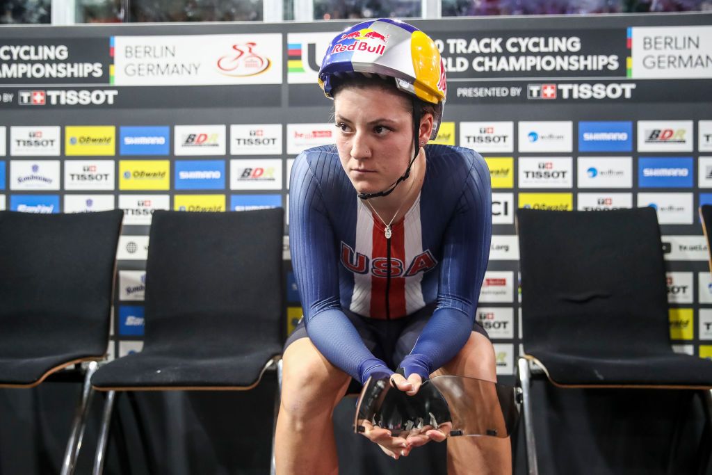 BERLIN GERMANY FEBRUARY 29 Chloe Dygert of USA looks on prior to the final of the Womens Individual Pursuit during day 4 of the UCI Track Cycling World Championships Berlin at Velodrom on February 29 2020 in Berlin Germany Photo by Maja HitijGetty Images
