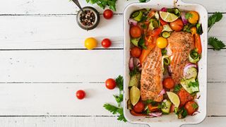 Salmon and vegetables in oven dish