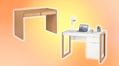Two desks on yellow and orange background