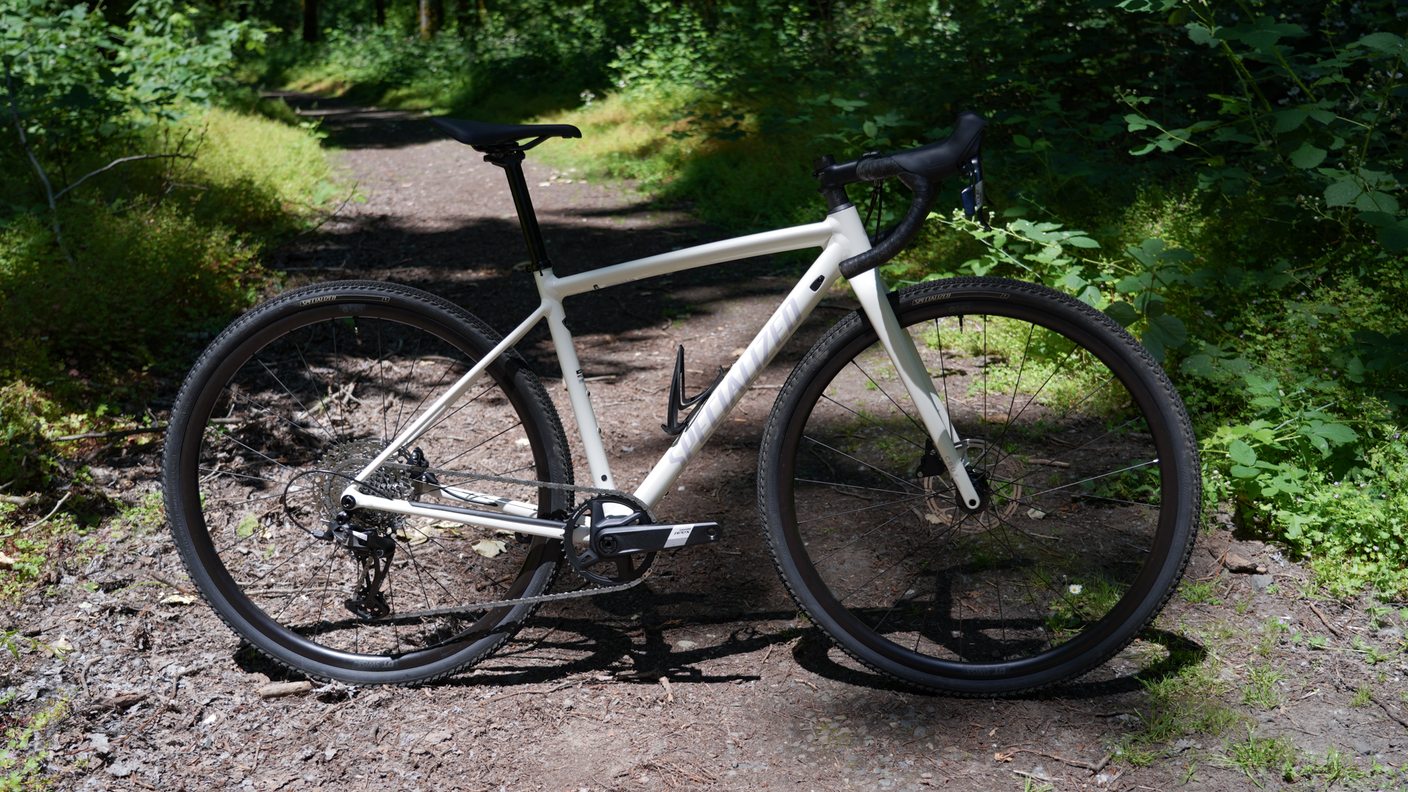 The 2024 Specialized Crux DSW in white against a back from of a PNW forest