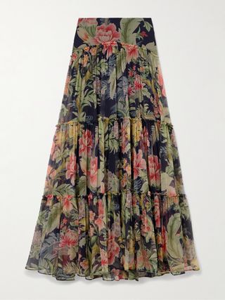 Tiered Gathered Floral-Print Silk-Crepon Maxi Skirt