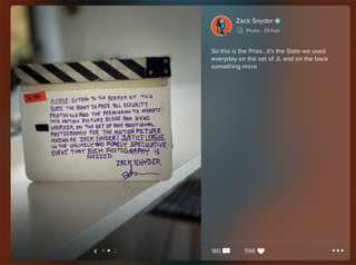 Zack Snyder poster fan prize clapboard screenshot from Vero