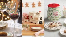 A three-panel image of lenox christmas decor; the holdiay 4-piece wine set, the holiday train 5-piece serving set, and a Bayberry cookie jar decorated with holly