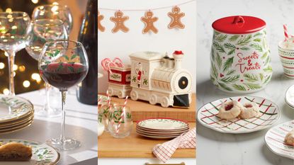 A three-panel image of lenox christmas decor; the holdiay 4-piece wine set, the holiday train 5-piece serving set, and a Bayberry cookie jar decorated with holly