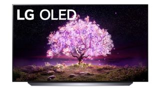 LG OLED65C1 OLED TV with pink blossom tree on the screen
