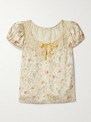 DÔEN Camri Corded Lace-Trimmed Floral-Print Silk-Satin Top