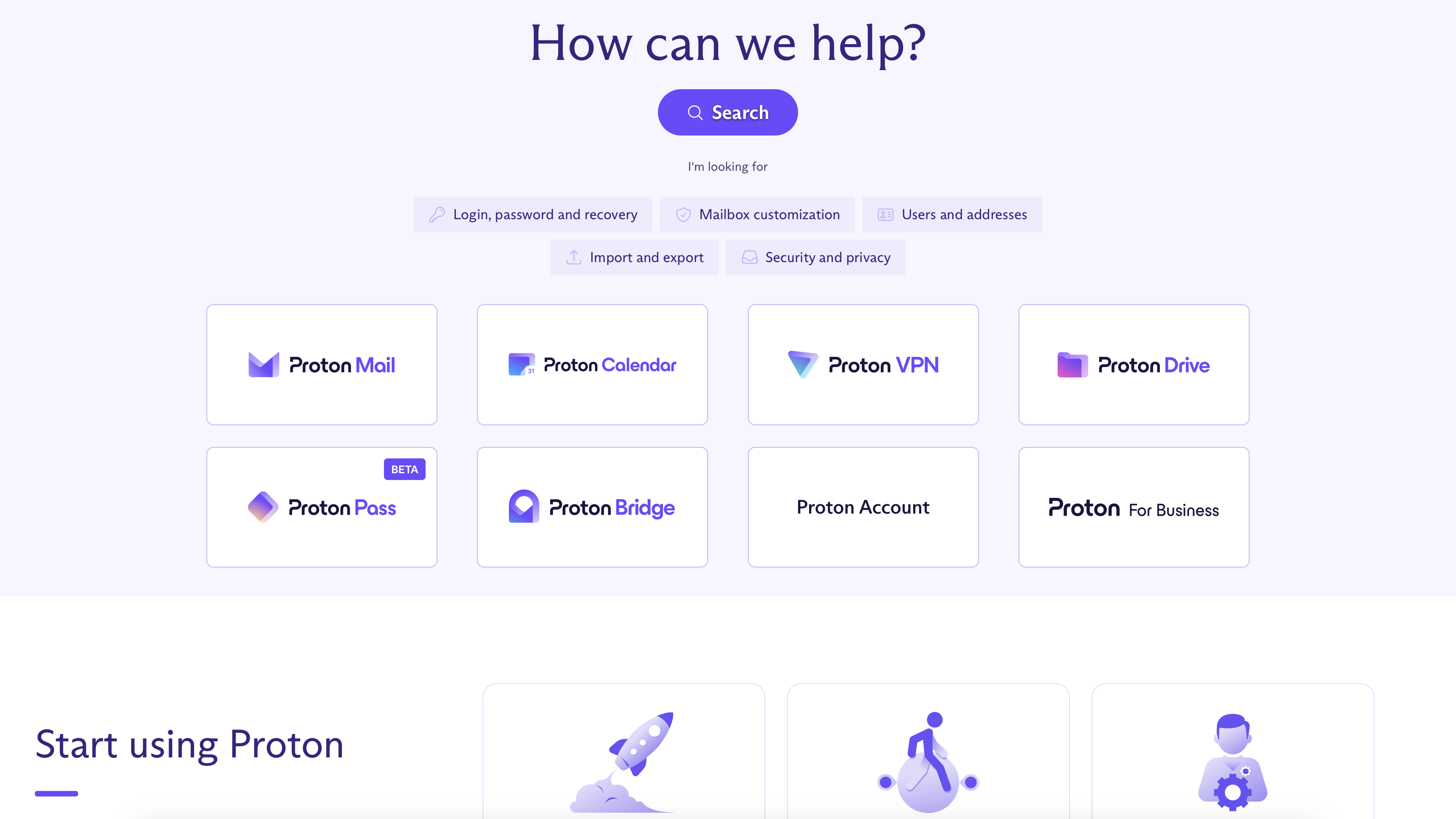 Proton support website screenshot