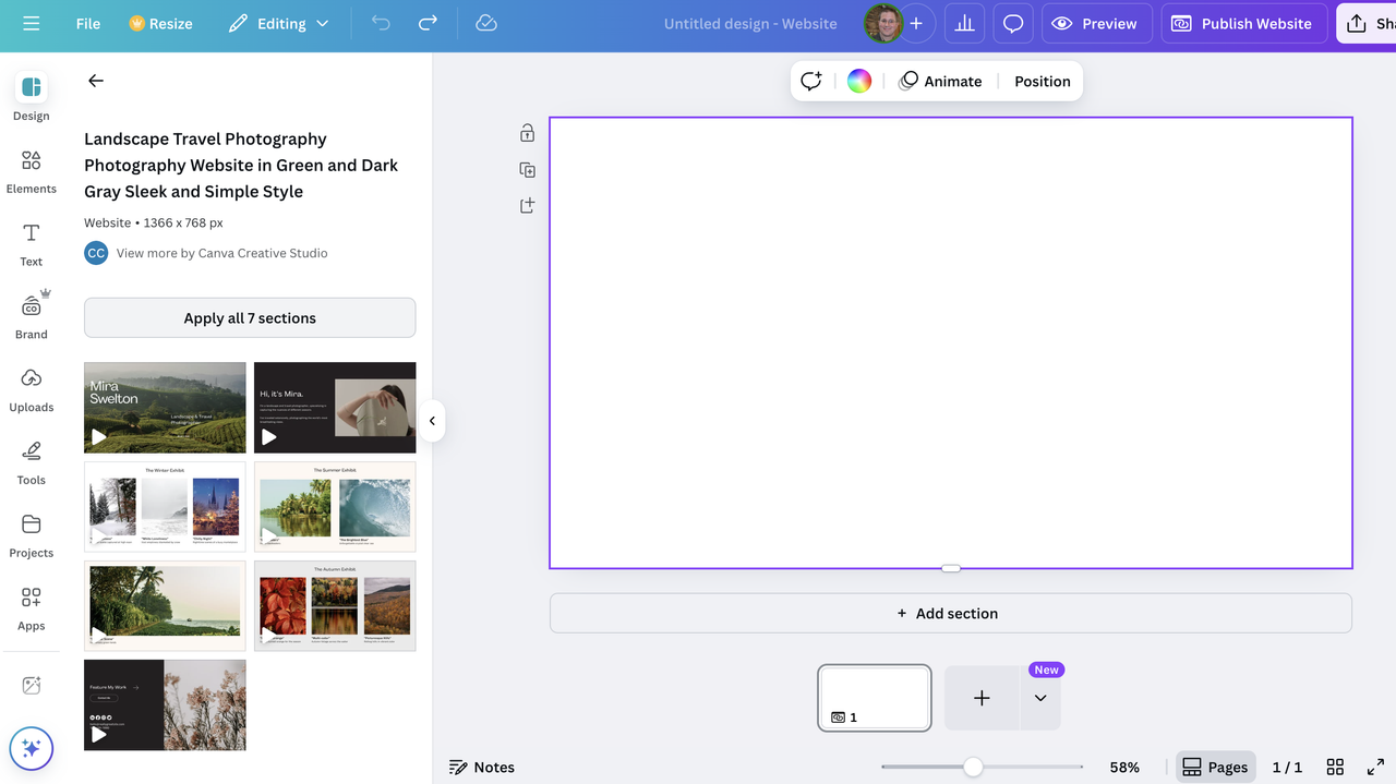 Selecting a website template in Canva