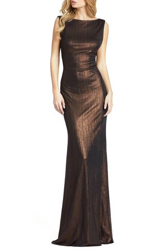 Metallic Bateau Neck Column Gown