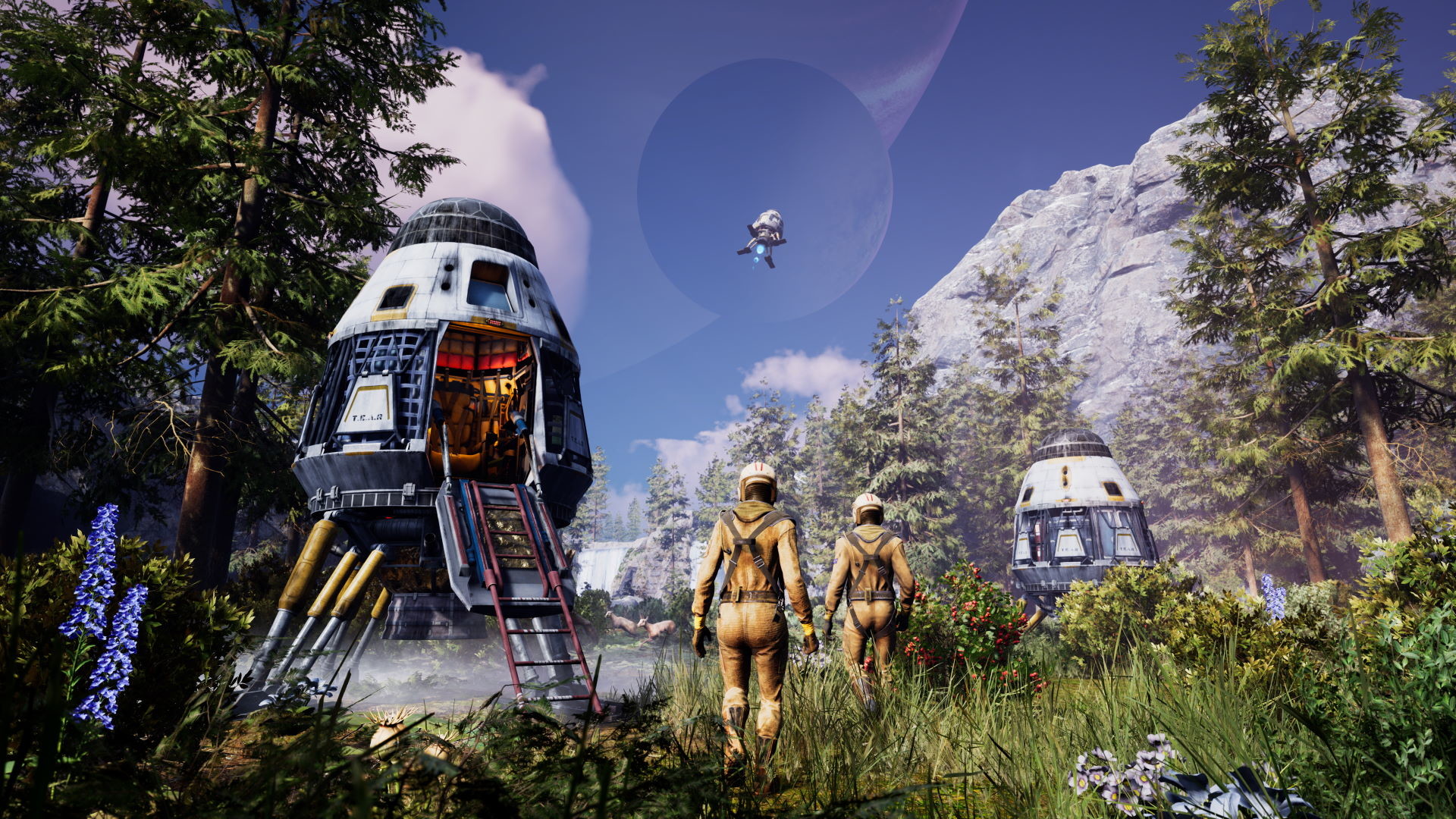 Astronauts on a planet in a forest