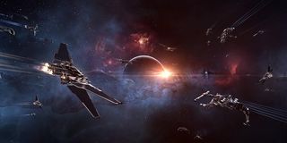 Ships fly into the great unknown in EVE Online.