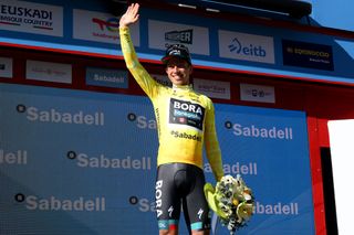 LEITZA SPAIN APRIL 04 Ide Schelling of The Netherlands and Team BORAHansgrohe celebrates at podium as Yellow Leader Jersey winner the 62nd Itzulia Basque Country 2023 Stage 2 a 1938km stage from Viana to Leitza UCIWT on April 04 2023 in Leitza Spain Photo by David RamosGetty Images