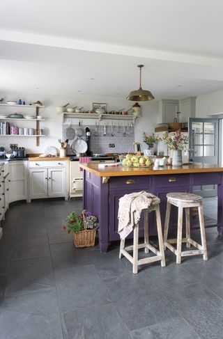 purple kitchen island in farmhouse kitchen
