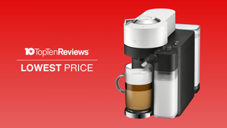 Nespresso Vertuo Lattissima on red background with Top Ten Reviews 'Lowest Price' text
