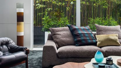 A large group of bamboo plants places outside a window. There is also a view of a large sofa and living area. On the sofa are a bunch of cushions. There is a dark leather arm chair in the corner.