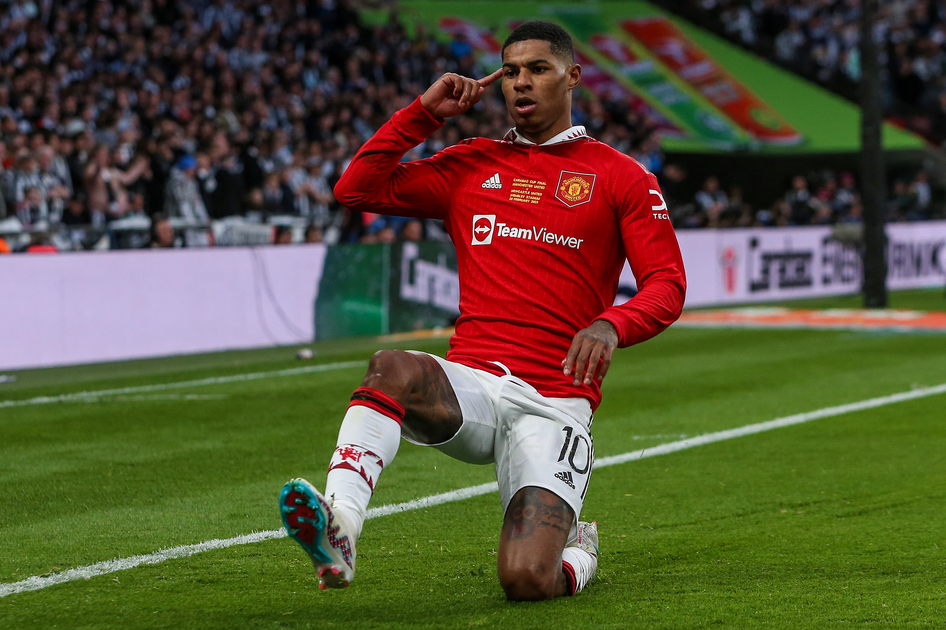 Marcus Rashford celebrates after scoring for Manchester United against Newcastle in the 2023 League Cup final.