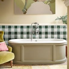 Green check splashback for oval bath tub with green panelling