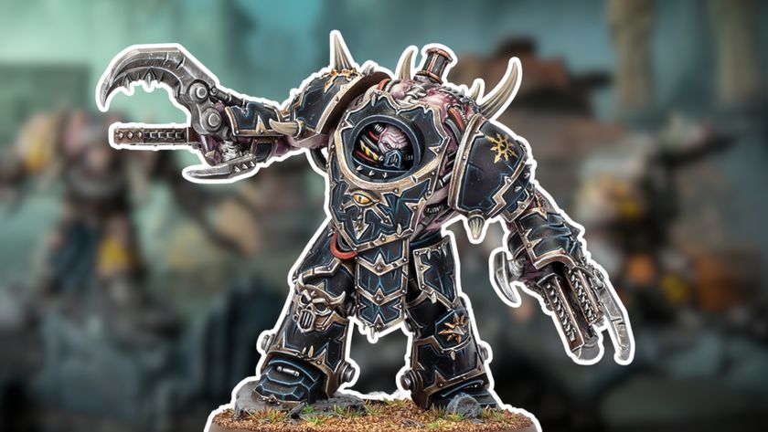 A modified, mutated Space Marine outlined in white against a bleak, grungy background